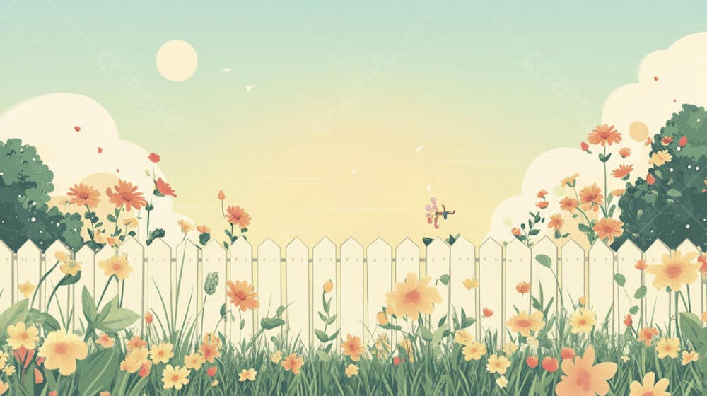 Ilustração Digital de Jardim Florido na Primavera com Céu Claro e Copy Space