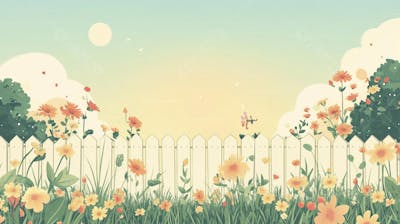 Ilustração Digital de Jardim Florido na Primavera com Céu Claro e Copy Space