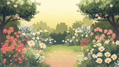 Ilustração Digital de Jardim Florido na Primavera com Céu Claro e Copy Space