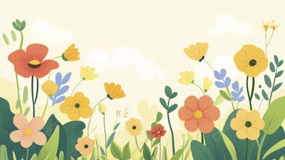 Ilustração Digital de Jardim Florido na Primavera com Céu Claro e Copy Space