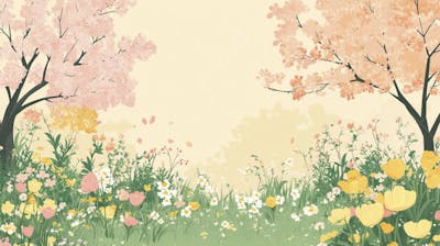 Ilustração Digital de Jardim Florido na Primavera com Céu Claro e Copy Space