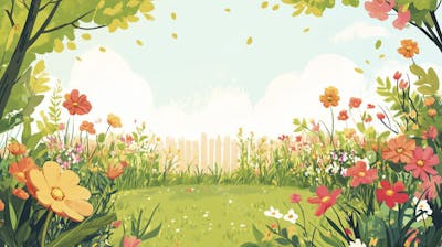 Ilustração Digital de Jardim Florido na Primavera com Céu Claro e Copy Space