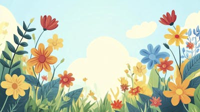 Ilustração Digital de Jardim Florido na Primavera com Céu Claro e Copy Space