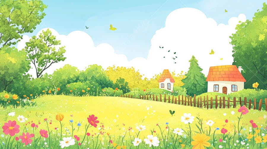 Campo florido com casas charmosas