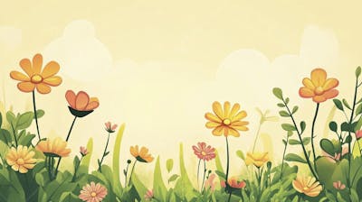 Ilustração Digital de Jardim Florido na Primavera com Céu Claro e Copy Space