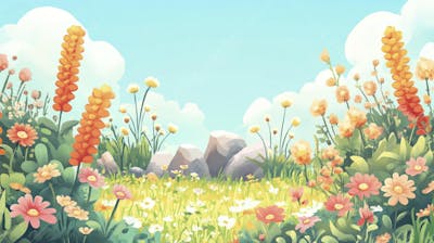 Ilustração Digital de Jardim Florido na Primavera com Céu Claro e Copy Space