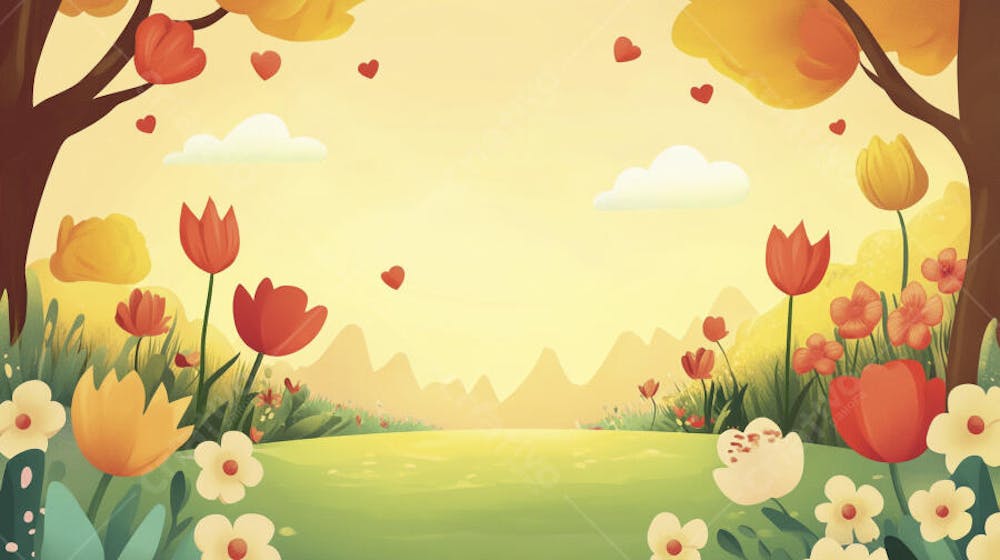 Ilustração Digital de Jardim Florido na Primavera com Céu Claro e Copy Space