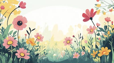 Ilustração Digital de Jardim Florido na Primavera com Céu Claro e Copy Space