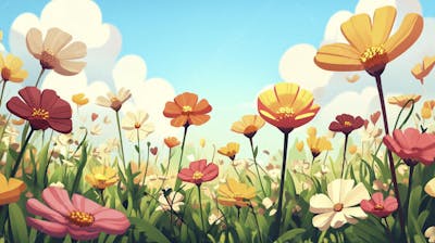 Ilustração Digital de Jardim Florido na Primavera com Céu Claro e Copy Space