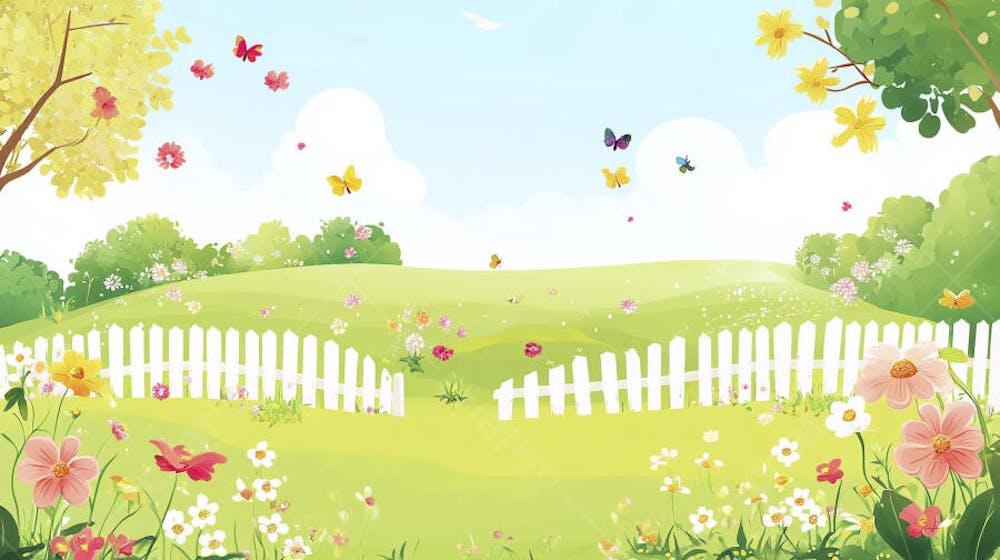 Ilustração Digital de Jardim Florido na Primavera com Céu Claro e Copy Space
