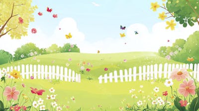 Ilustração Digital de Jardim Florido na Primavera com Céu Claro e Copy Space