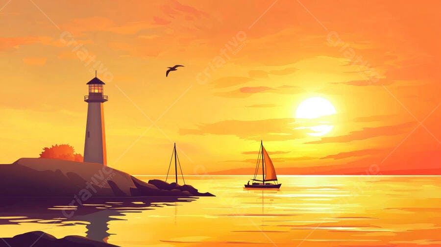 Farol e veleiro ao pôr do sol