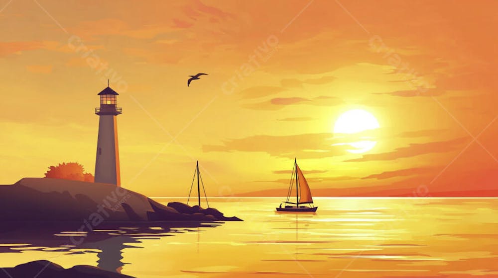Ilustração Digital de Porto Tranquilo ao Amanhecer com Veleiros e Reflexo no Mar