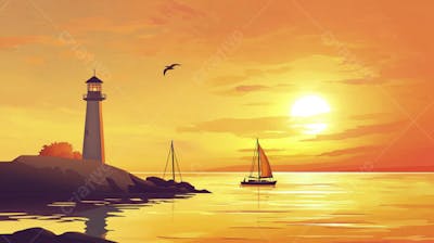 Ilustração Digital de Porto Tranquilo ao Amanhecer com Veleiros e Reflexo no Mar