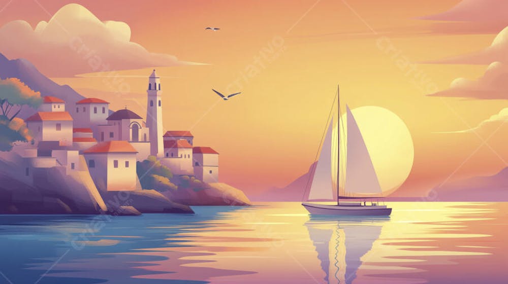 Ilustração Digital de Porto Tranquilo ao Amanhecer com Veleiros e Reflexo no Mar