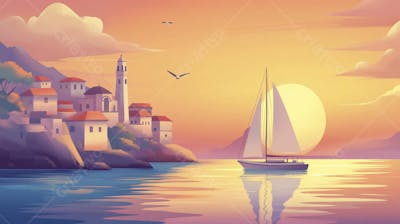 Ilustração Digital de Porto Tranquilo ao Amanhecer com Veleiros e Reflexo no Mar