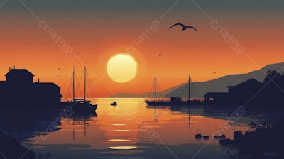 Ilustração Digital de Porto Tranquilo ao Amanhecer com Veleiros e Reflexo no Mar
