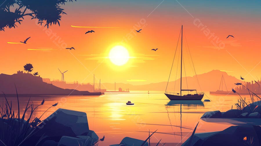 Pôr do sol laranja com veleiro em baía