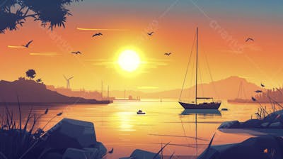 Ilustração Digital de Porto Tranquilo ao Amanhecer com Veleiros e Reflexo no Mar