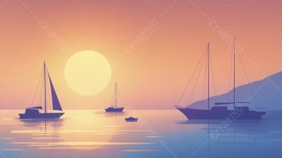Ilustração Digital de Porto Tranquilo ao Amanhecer com Veleiros e Reflexo no Mar