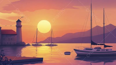 Ilustração Digital de Porto Tranquilo ao Amanhecer com Veleiros e Reflexo no Mar