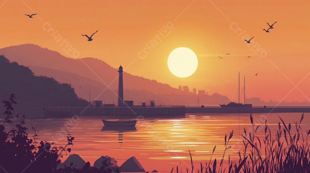 Ilustração Digital de Porto Tranquilo ao Amanhecer com Veleiros e Reflexo no Mar