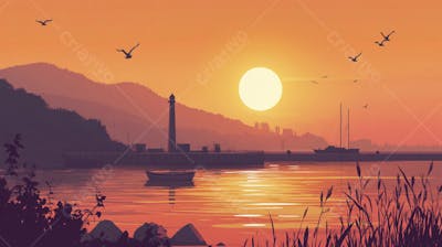 Ilustração Digital de Porto Tranquilo ao Amanhecer com Veleiros e Reflexo no Mar
