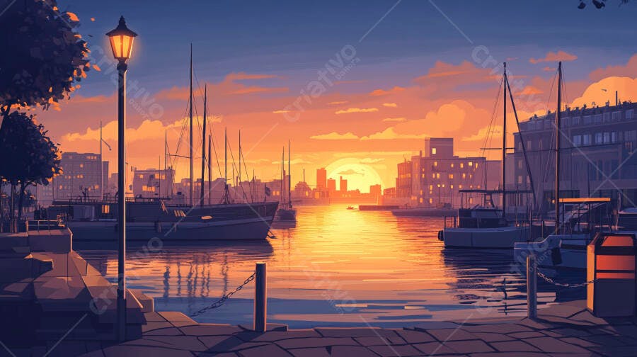 Porto ao entardecer com barcos e prédios