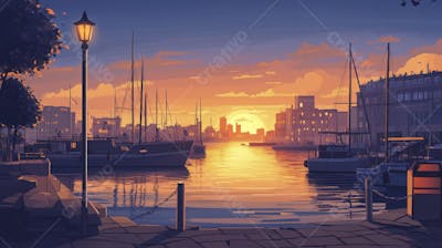 Ilustração Digital de Porto Tranquilo ao Amanhecer com Veleiros e Reflexo no Mar