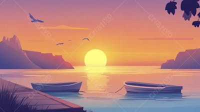 Ilustração Digital de Porto Tranquilo ao Amanhecer com Veleiros e Reflexo no Mar