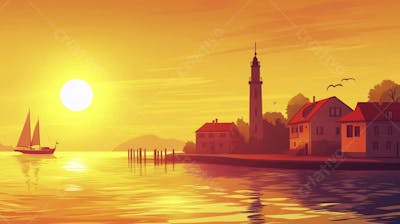 Ilustração Digital de Porto Tranquilo ao Amanhecer com Veleiros e Reflexo no Mar