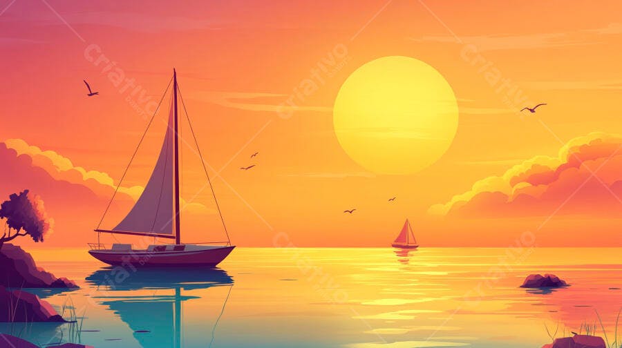 Barco a Vela no Pôr do Sol Laranja