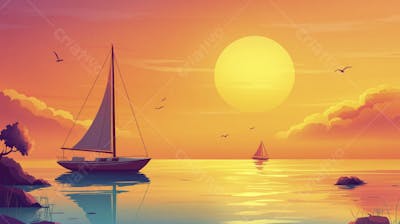 Ilustração Digital de Porto Tranquilo ao Amanhecer com Veleiros e Reflexo no Mar