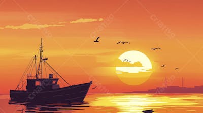 Ilustração Digital de Porto Tranquilo ao Amanhecer com Veleiros e Reflexo no Mar