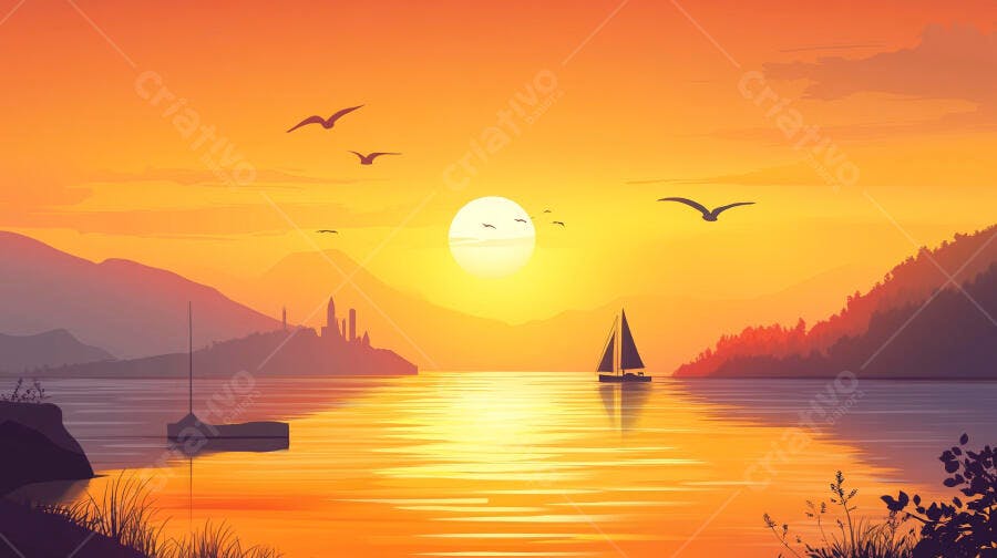 Pôr do sol laranja com veleiro e montanhas