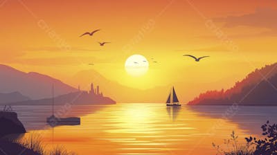 Ilustração Digital de Porto Tranquilo ao Amanhecer com Veleiros e Reflexo no Mar
