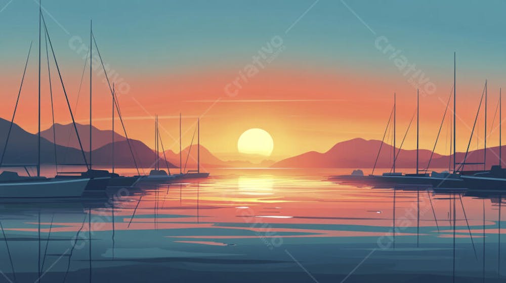 Ilustração Digital de Porto Tranquilo ao Amanhecer com Veleiros e Reflexo no Mar