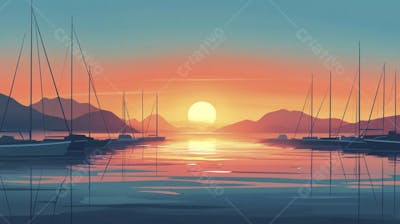 Ilustração Digital de Porto Tranquilo ao Amanhecer com Veleiros e Reflexo no Mar