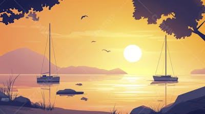 Ilustração Digital de Porto Tranquilo ao Amanhecer com Veleiros e Reflexo no Mar