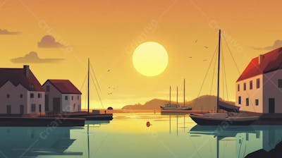 Ilustração Digital de Porto Tranquilo ao Amanhecer com Veleiros e Reflexo no Mar