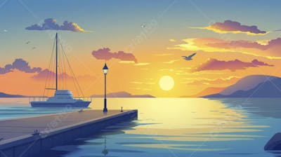 Ilustração Digital de Porto Tranquilo ao Amanhecer com Veleiros e Reflexo no Mar