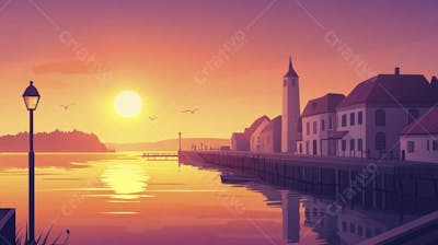 Ilustração Digital de Porto Tranquilo ao Amanhecer com Veleiros e Reflexo no Mar