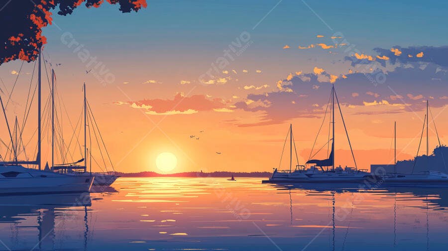 Pôr do sol laranja em marina com veleiros