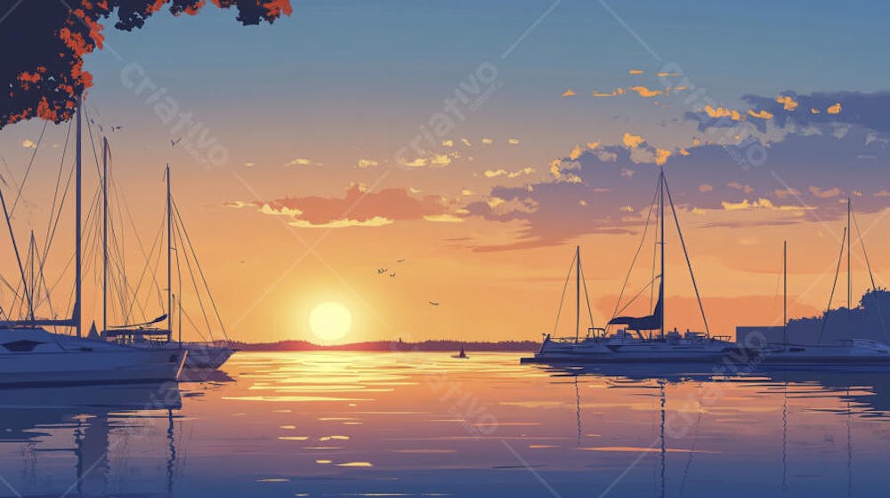 Ilustração Digital de Porto Tranquilo ao Amanhecer com Veleiros e Reflexo no Mar