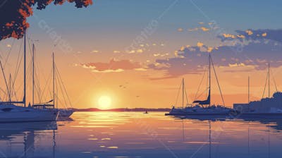 Ilustração Digital de Porto Tranquilo ao Amanhecer com Veleiros e Reflexo no Mar