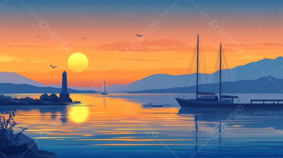 Mar avistar barcos ao pôr do sol laranja