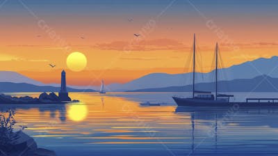 Ilustração Digital de Porto Tranquilo ao Amanhecer com Veleiros e Reflexo no Mar