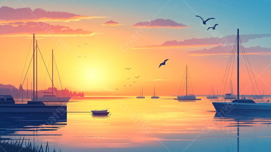 Pôr do Sol Laranja em Marina com Veleiros