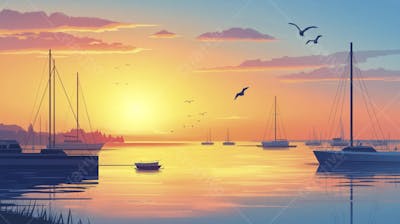Ilustração Digital de Porto Tranquilo ao Amanhecer com Veleiros e Reflexo no Mar