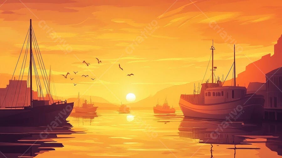 Barcos no Porto ao Pôr do Sol